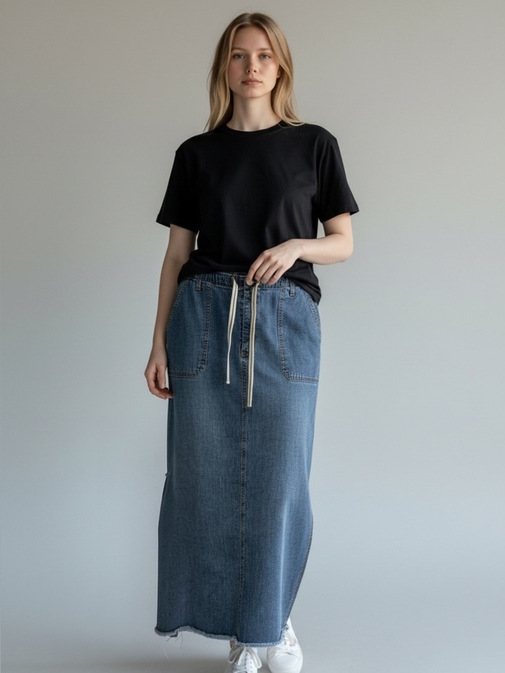 Vintage Y2K Women's Blue Denim Midi Skirt with Drawstring Waist